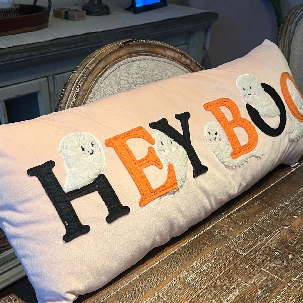 Hey Boo Halloween Pillow - Orange, Black, White